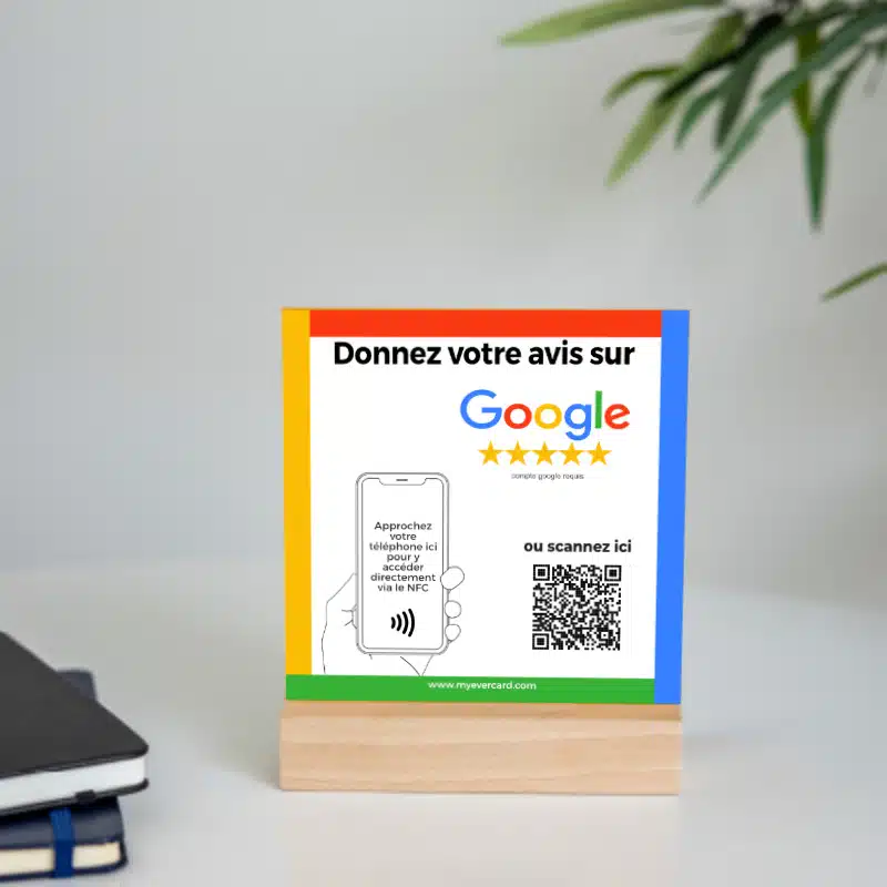 plaque avis google nfc et QRCode special commerce socle bois