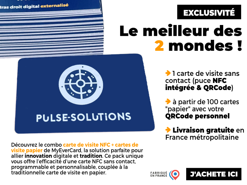 Découvrez le combo carte de visite NFC + cartes de visite papier de MyEverCard, la solution parfaite pour allier innovation digitale et tradition. Ce pack unique vous offre l’efficacité d’une carte NFC sans contact, programmable et personnalisable, couplée à la simplicité des cartes de visite papier classiques.